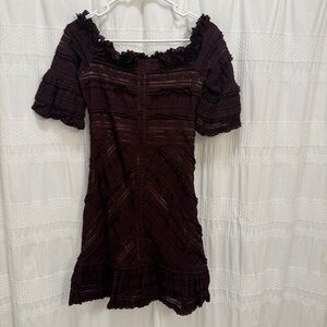 Cinq à Sept Ruffle Mini Dress Burgundy Womens 6 Short Sleeve Off the Shoulder